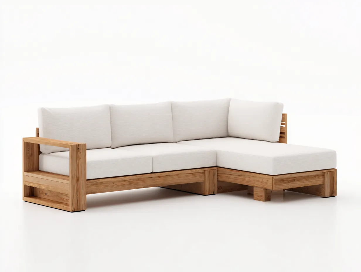 Canapé de jardin d'angle en bois 238 x 150 x 76 cm blanc cassé-bois naturel pour extérieur - style épuré-Craftgomart