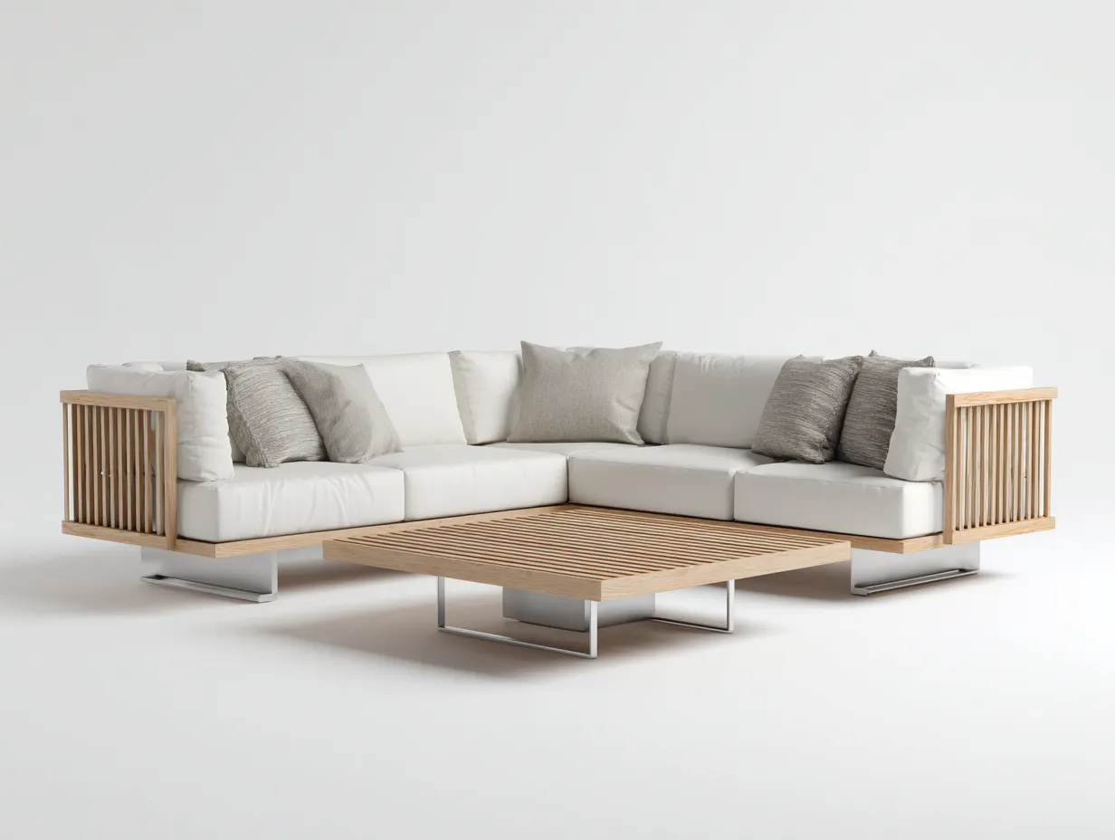 Canapé de jardin d'angle en bois et métal 250 x 250 x 72 cm blanc cassé-bois clair pour extérieur - table basse style contemporain-Craftgomart
