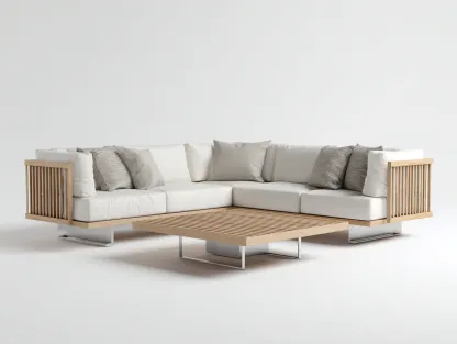 Canapé de jardin d'angle en bois et métal 250 x 250 x 72 cm blanc cassé-bois clair pour extérieur - table basse style contemporain-Craftgomart