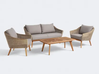 Canapé de jardin avec table basse en résine tressée 168 x 82 x 79 cm - naturel-gris beige-bois naturel - adapté à l'extérieur - style contemporain-Craftgomart