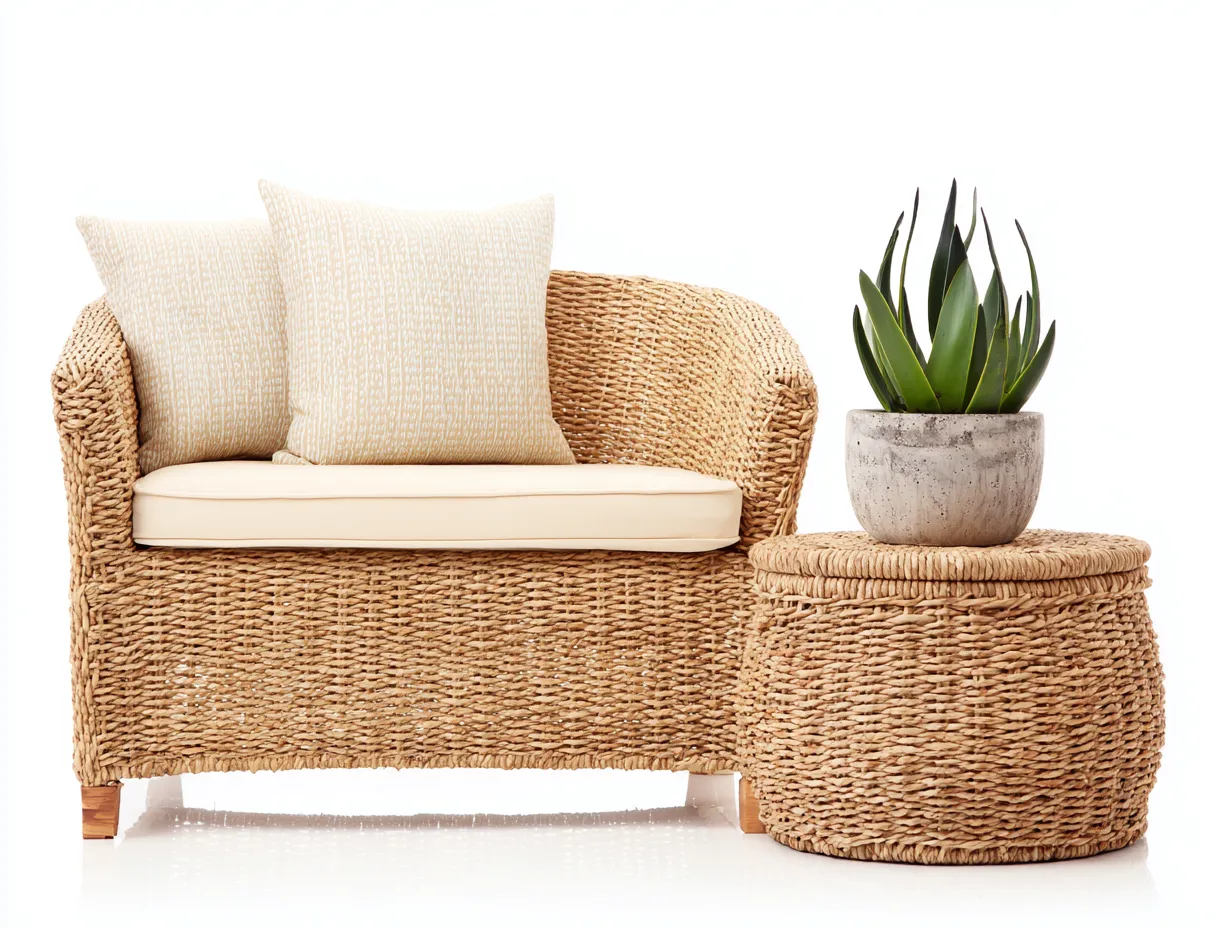 Canapé de jardin avec table d'appoint en résine tressée 125 x 70 x 78 cm - naturel-crème - style bohème extérieur-Craftgomart