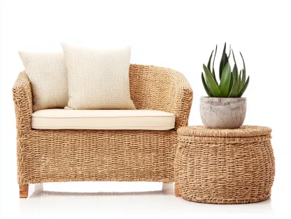 Canapé de jardin avec table d'appoint en résine tressée 125 x 70 x 78 cm - naturel-crème - style bohème extérieur-Craftgomart