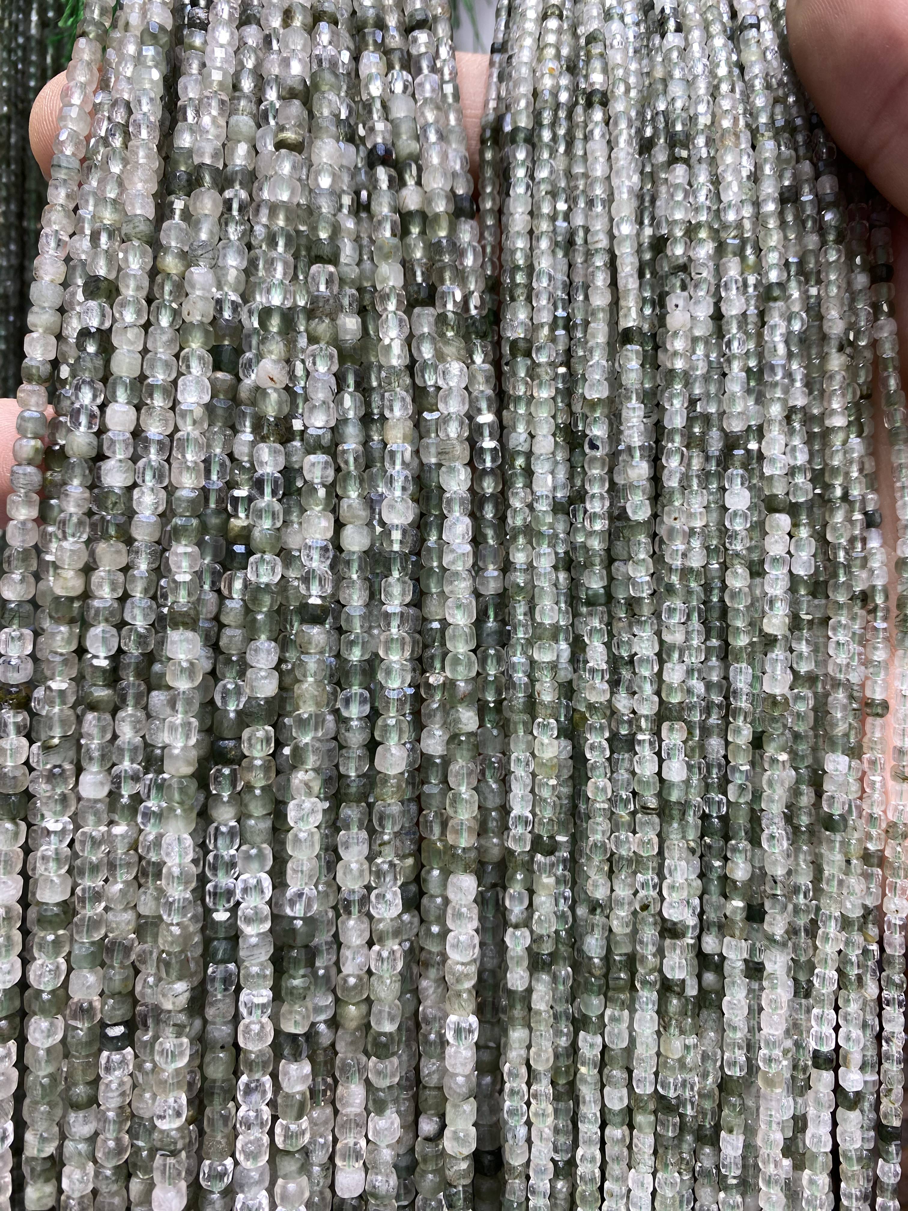Faceted Green Rutilated Cube Beads