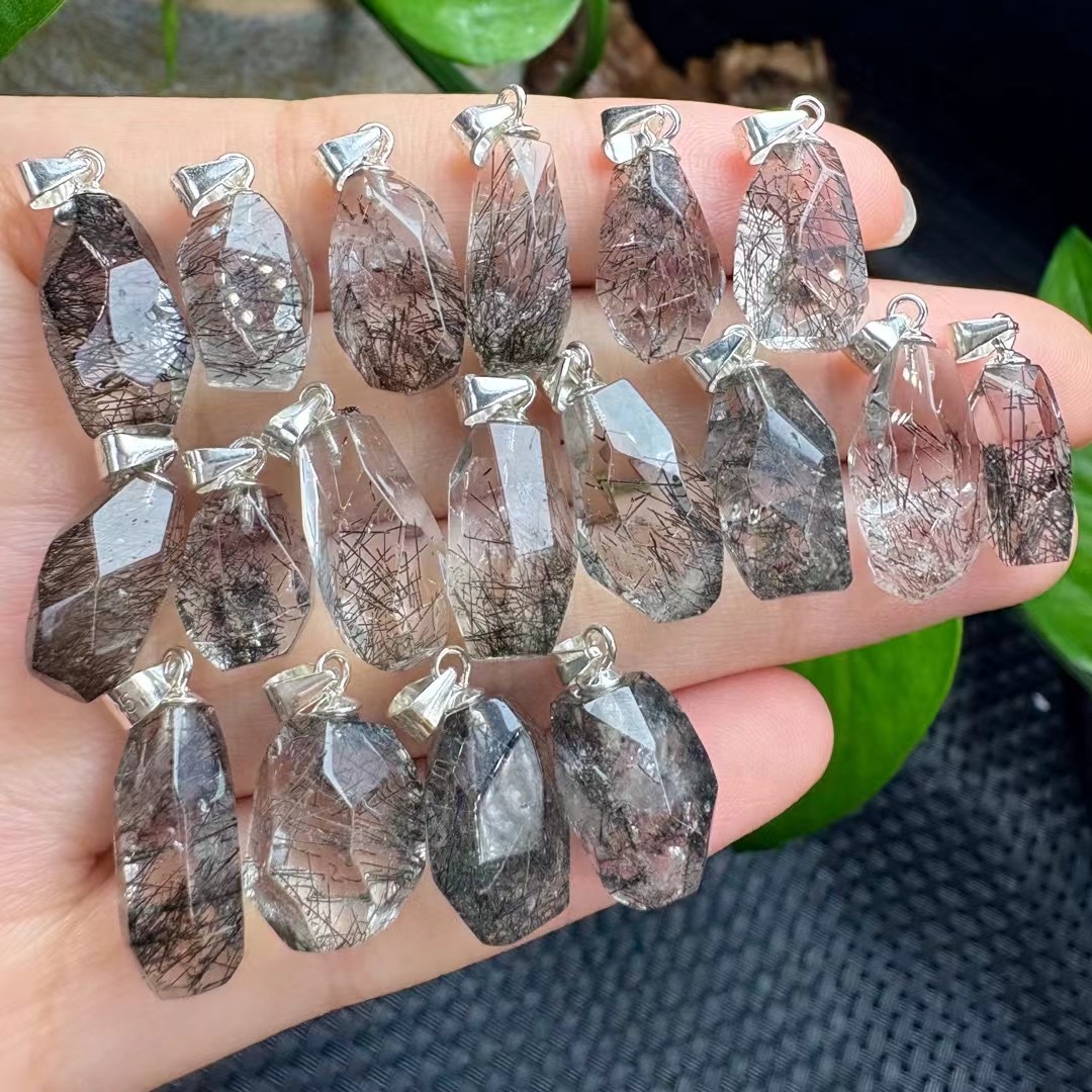 S925  Silver Black rutilated quatz pendants