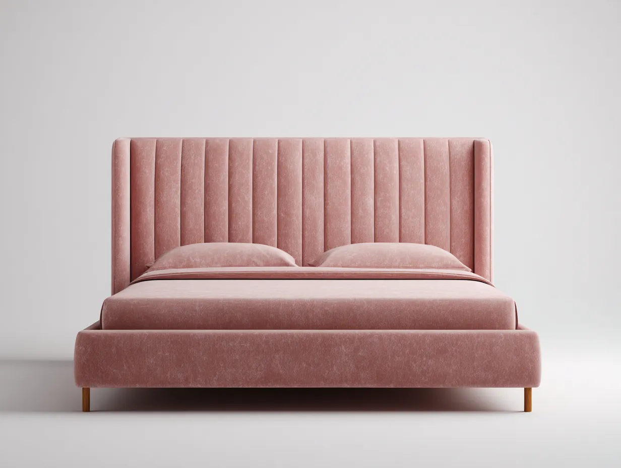 Lit double en tissu aspect velours 210x160x115 cm rose poudré pour chambre - tête de lit rembourrée à panneaux verticaux - style moderne élégant-Havenmypad