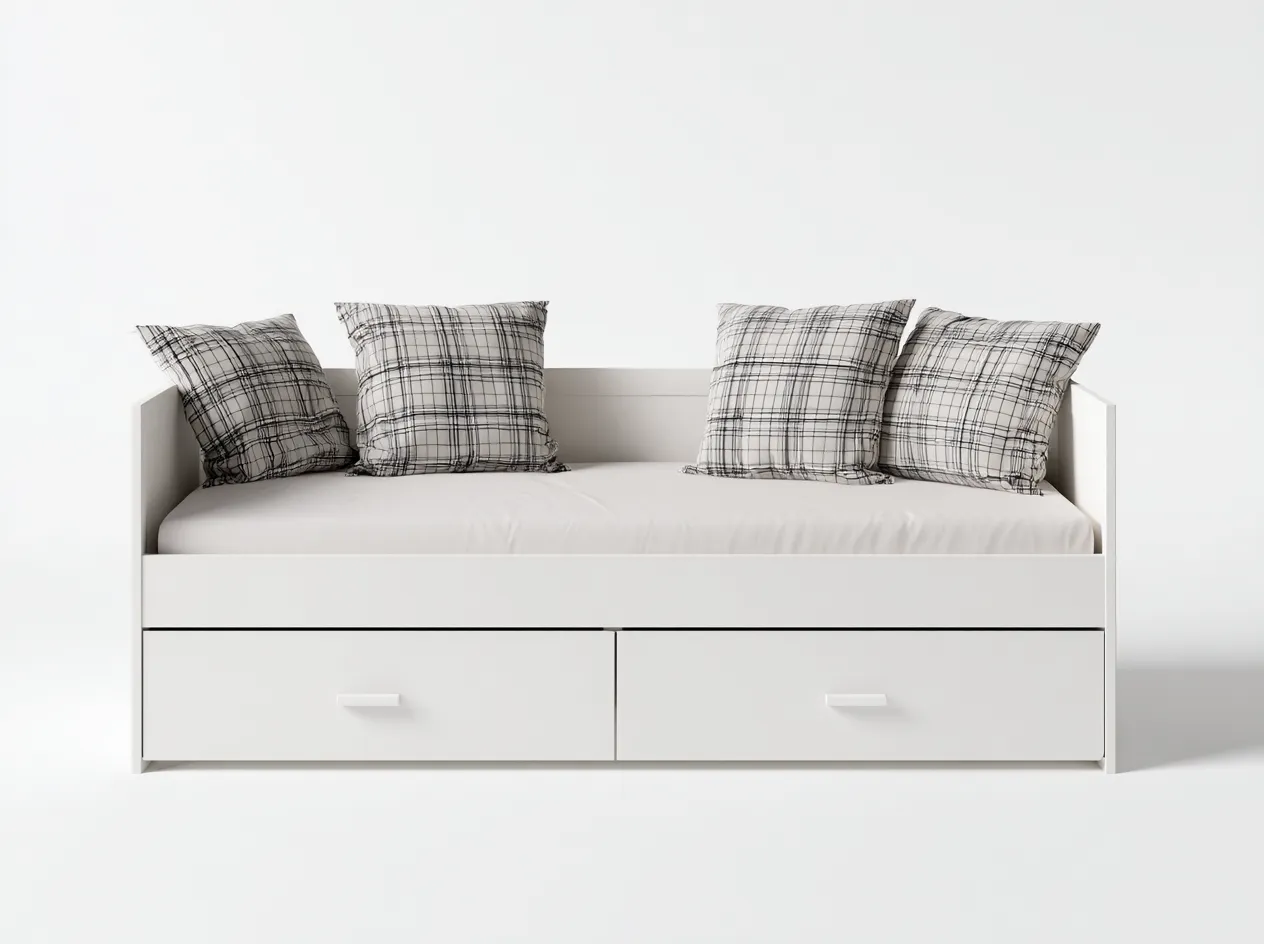 Canapé lit en bois 206x91x82 cm - blanc-gris - avec 2 tiroirs - adapté à la chambre - style moderne-Cottagohome