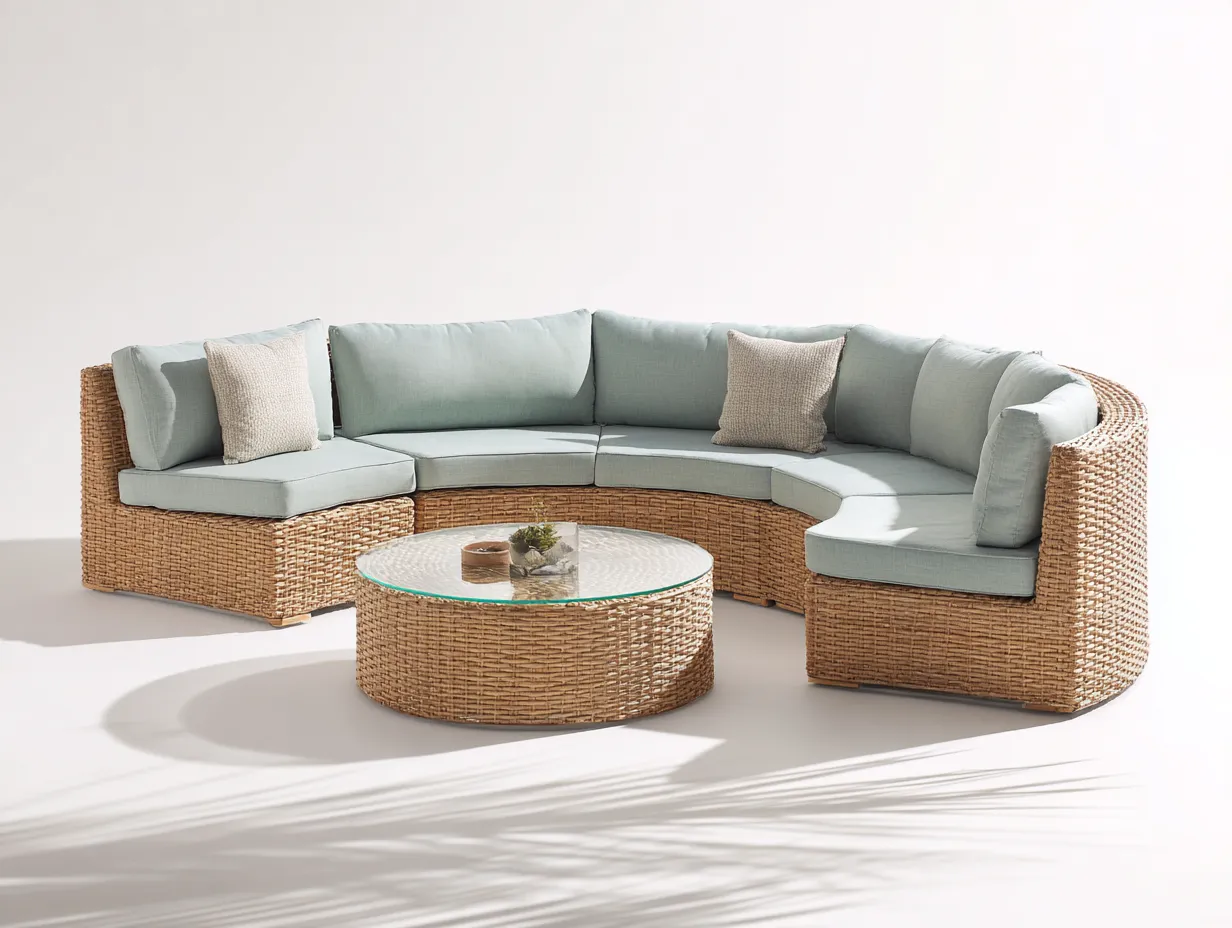 Canapé de jardin en rotin synthétique beige avec coussins bleu clair pour terrasse et jardin - 300x180x78 cm - design moderne incurvé-Loftgonest