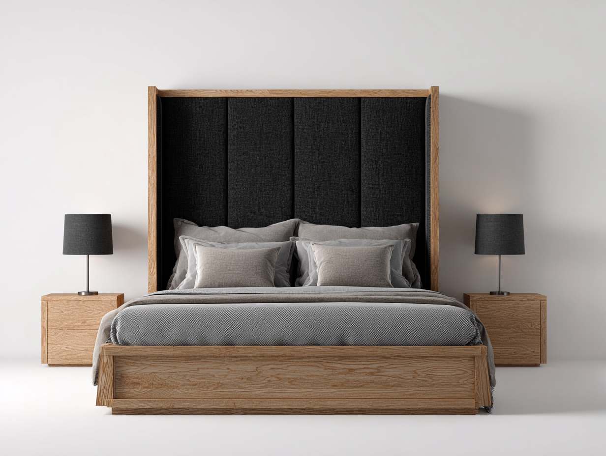 Doppelbett Holz Stoff gepolstert 200x180x120 cm Naturholz Dunkelgrau - geeignet für Schlafzimmer - Modernes Design-Cozymyshop