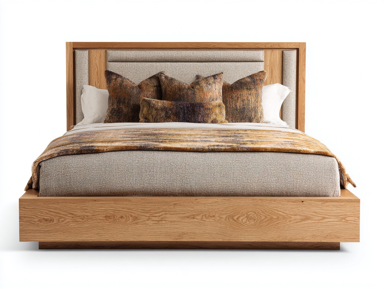 Doppelbett Massivholz mit Stoffkopfteil 215x180x105 cm - Braun-Beige - Modernes Design-Cozymyshop