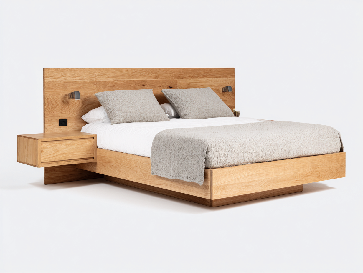 Doppelbett Holz 210x180x95 cm - Naturholz - Mit integriertem Nachttisch und Schublade - Modernes Design für Schlafzimmer-Cozymyshop