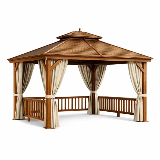 Holzpavillon mit Polyester Vorhängen 300x300 cm-decofetra