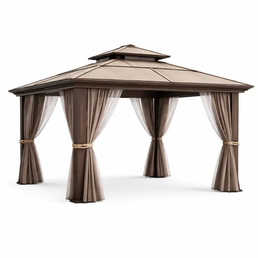 Pavillon aus Metall mit Polycarbonat-Dach und Polyester-Vorhängen Braun 3x4m-decofetra
