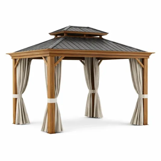 Holzpavillon mit verzinktem Metalldach und Polyester-Vorhängen-decofetra