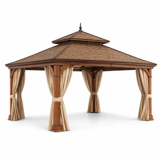 Holzpavillon mit Polycarbonat-Dach und Polyester-Vorhängen-decofetra
