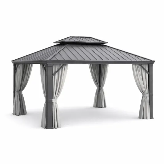 Pavillon mit Aluminiumrahmen und Stahlblechdach Anthrazit/Grau mit Vorhängen-decofetra