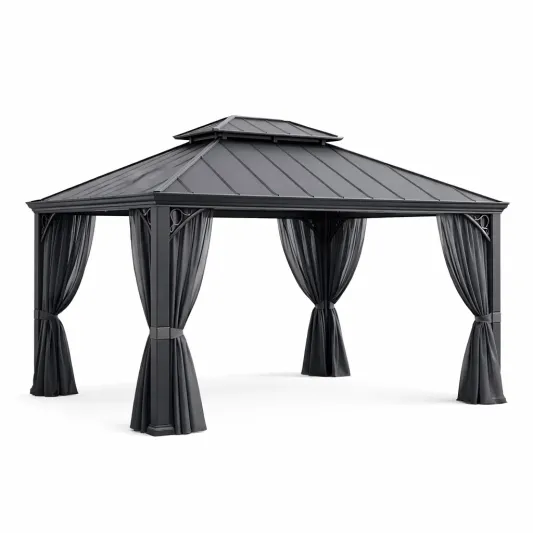 Aluminium Pavillon mit Stahl Dach und Polyester Vorhängen Schwarz 3x4m-decofetra