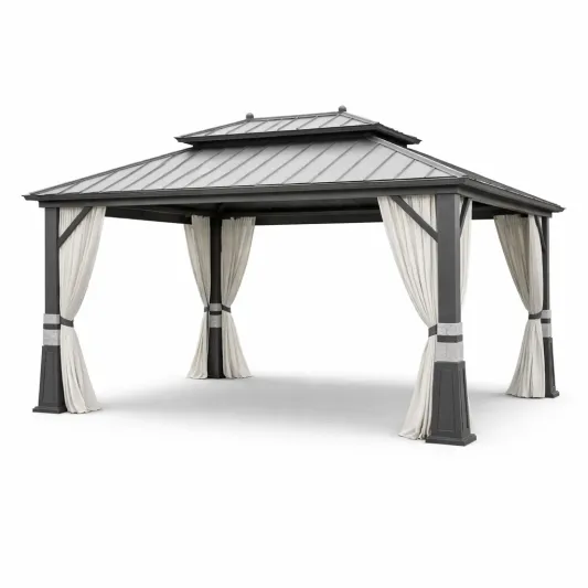 Gartenpavillon Dunkelgrau aus Aluminium mit Stahlblechdach und Vorhängen 4,3x3,6m-decofetra