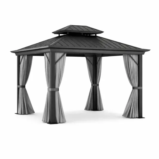 Pavillon aus Stahl in Schwarz mit grauen Vorhängen 3x3m-decofetra