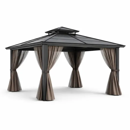 Pavillon aus Aluminium mit Stahl Dach und Polyester Vorhängen, Schwarz, 300x400x270 cm-decofetra