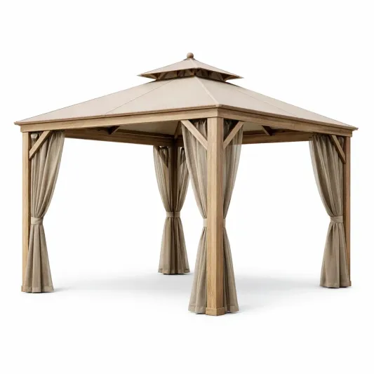 Holzpavillon mit Polyesterdach und Vorhängen 400x400x300 cm-decofetra