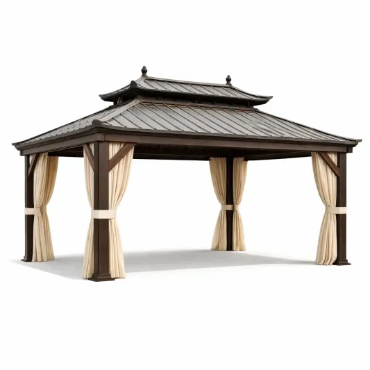 Gartenpavillon aus Aluminium mit Stahl-Dach und Polyester Vorhängen 400x300x300 cm-decofetra