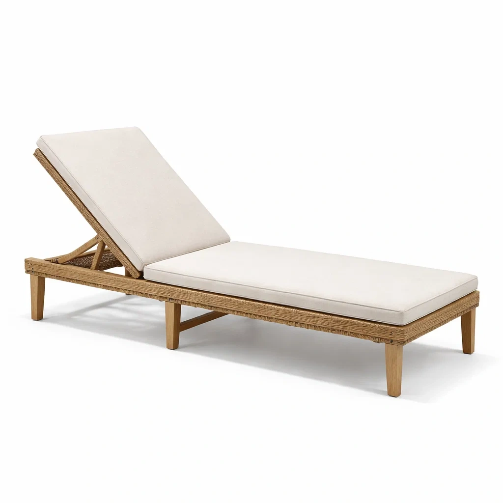 Verstellbare Liege aus Akazienholz und Rattan mit cremefarbenem Kissen-decofexa