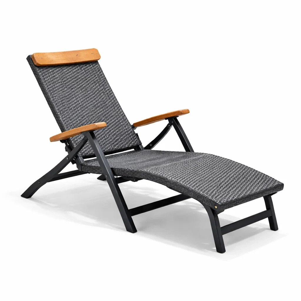 Sonnenliege aus Aluminium mit Polyethylengeflecht und Holzdetails, Grau-decofexa