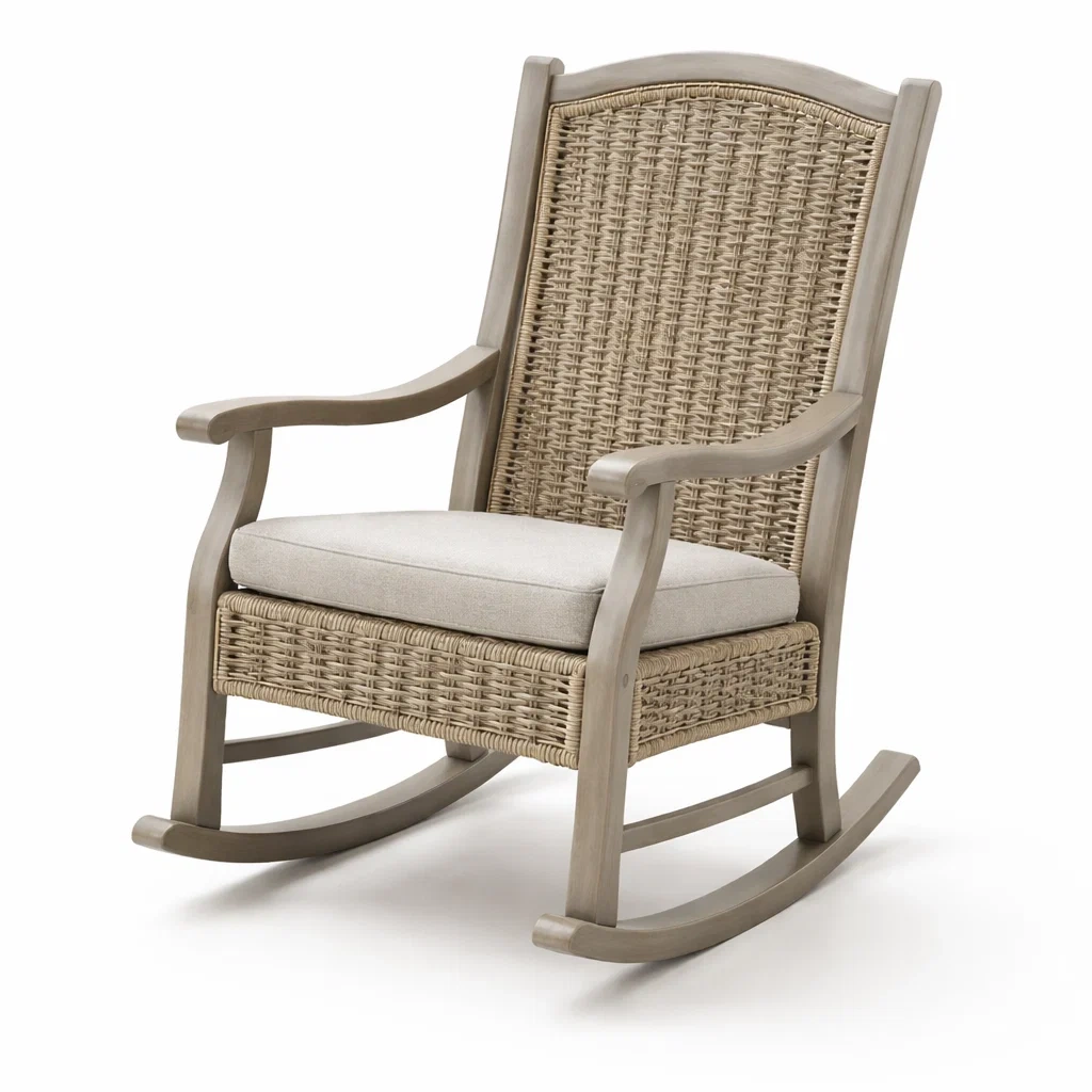 Schaukelstuhl aus Rattan mit Holzrahmen und Kissen, Beige-decofexa