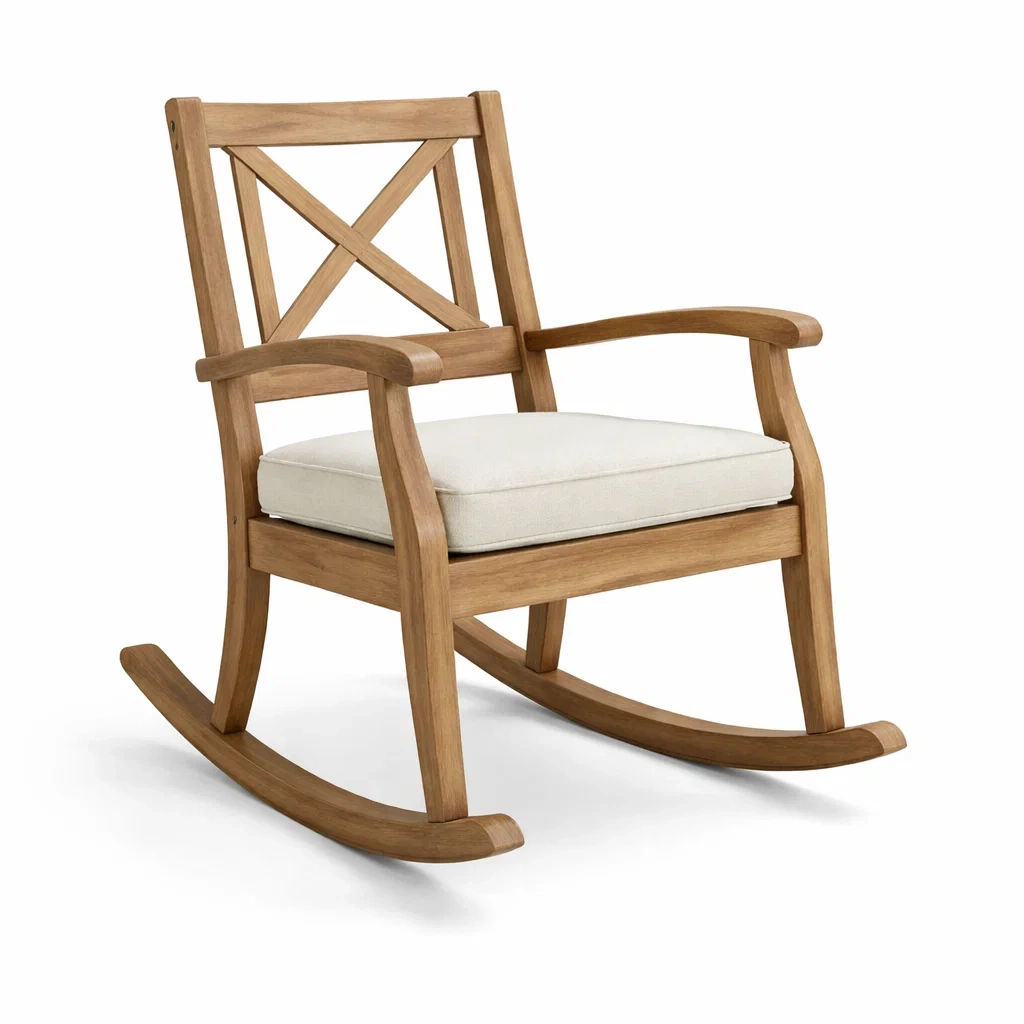 Teakholz Schaukelstuhl mit Baumwoll-Polyester-Polster Creme 80x60x90 cm-decofexa