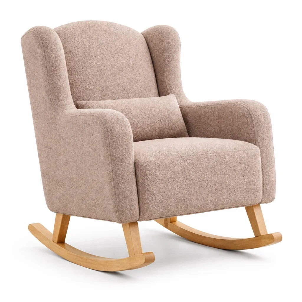 Schaukelstuhl Beige Bouclé-Stoff mit Kissen Holzrahmen-decofexa
