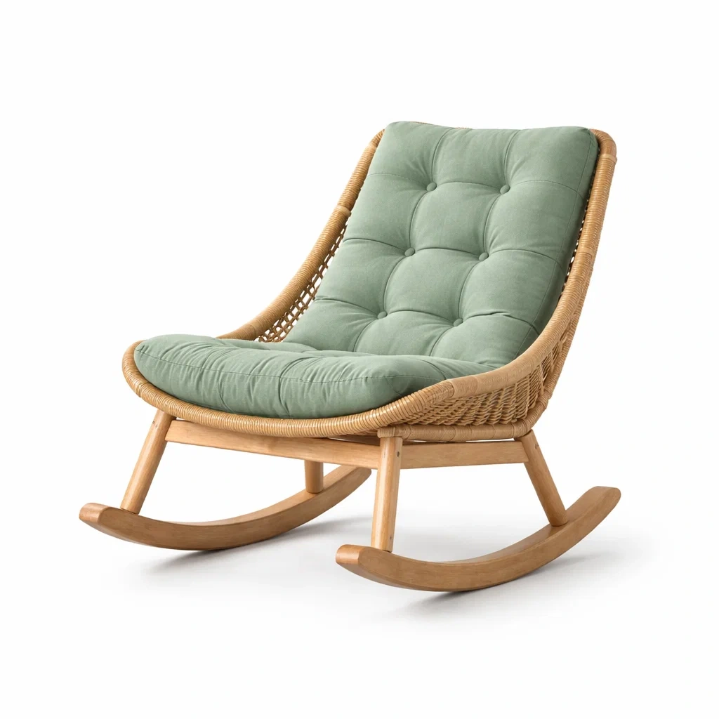 Schaukelstuhl aus Holz und Rattan mit grünem Kissen-decofexa