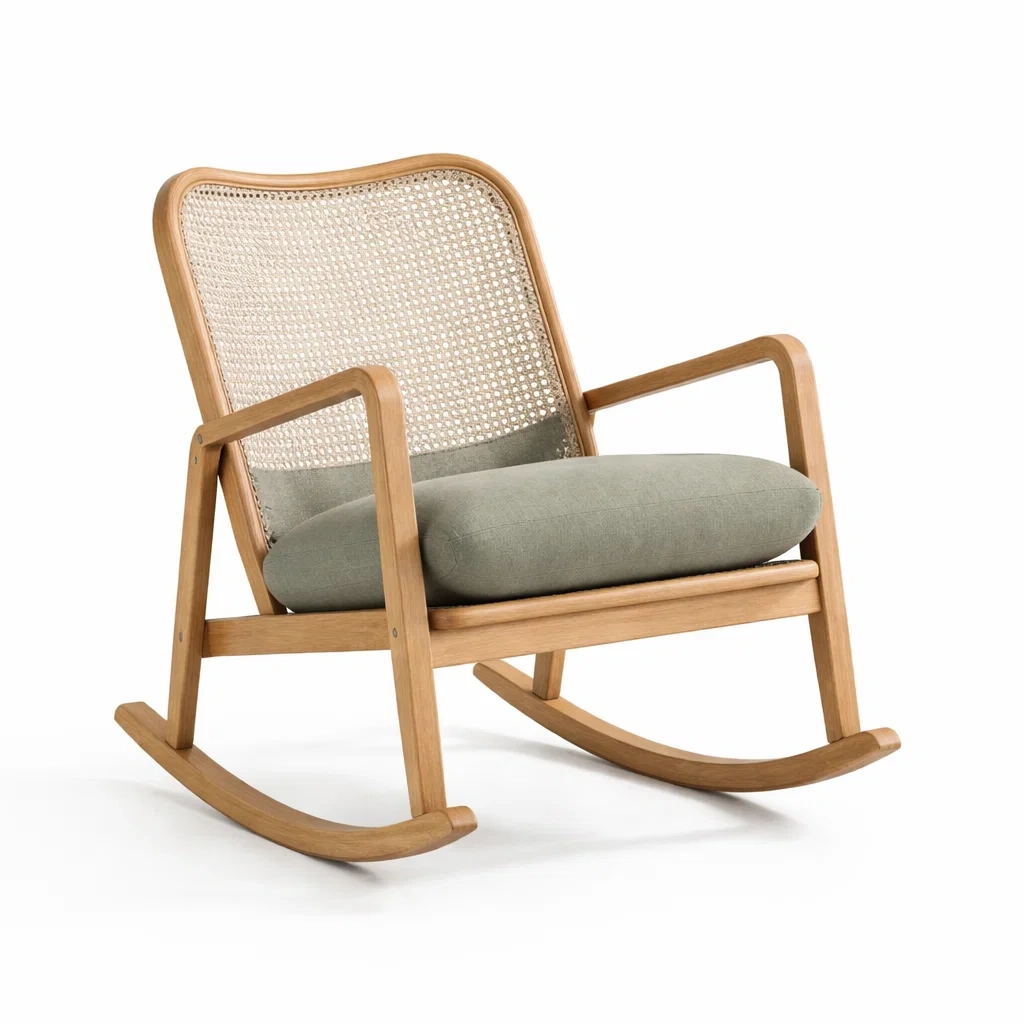 Holzschaukelstuhl mit Rattan und Polster Grün-decofexa