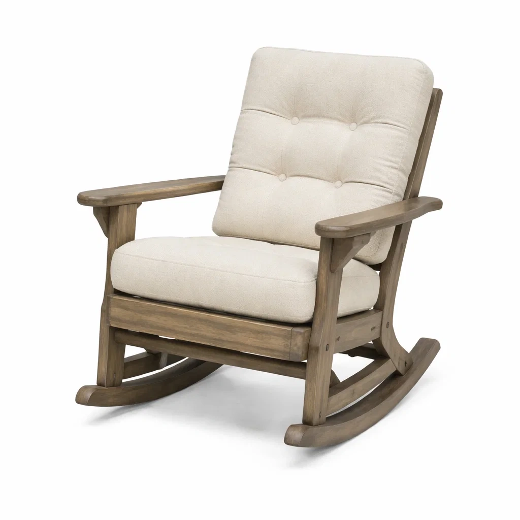 Schaukelstuhl Holz Rahmengestell mit Leinenstoff Beige-decofexa