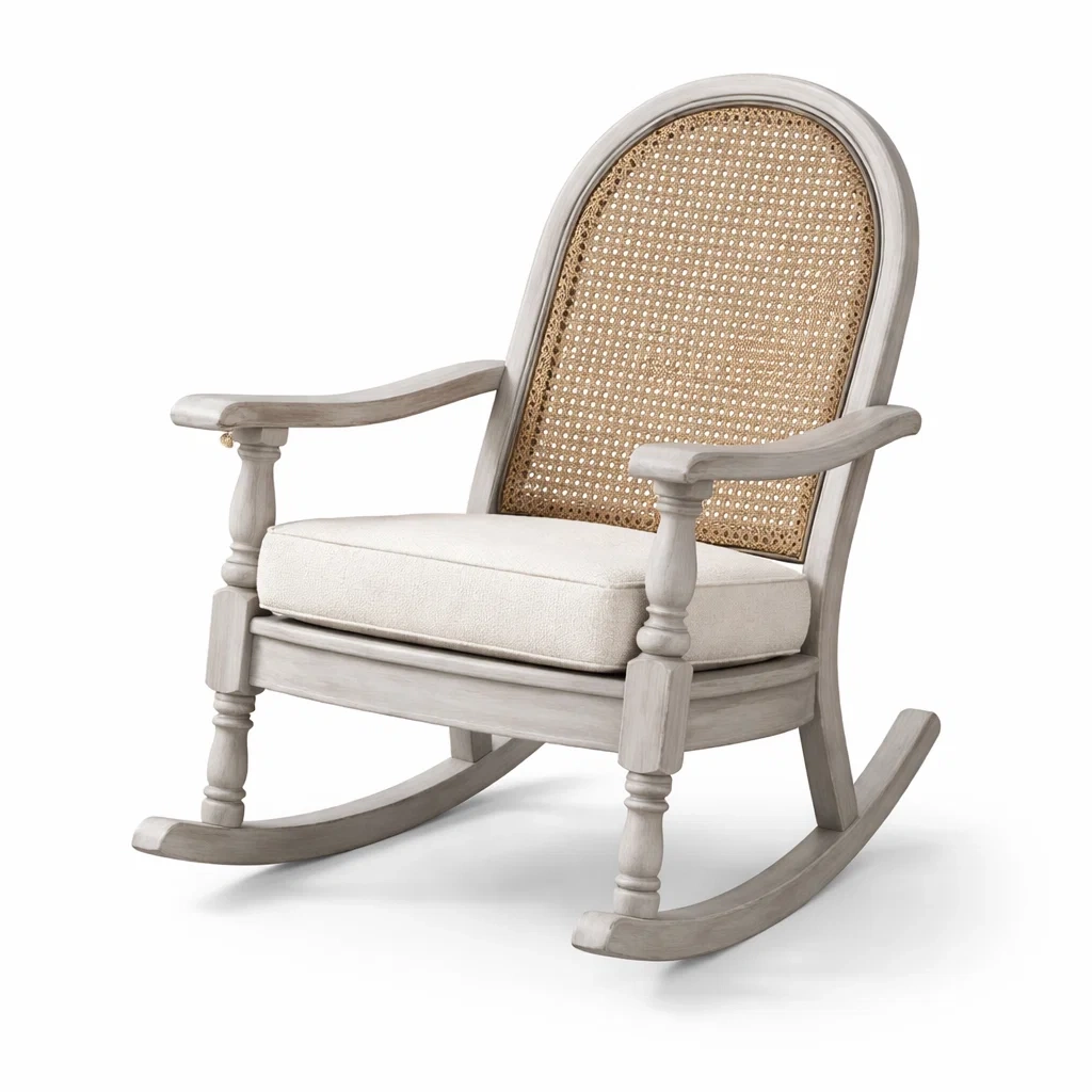 Holz-Schaukelstuhl mit Rattan und Kissen in Grau/Beige-decofexa