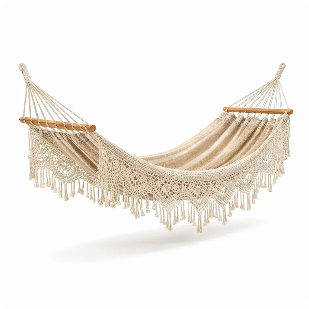 Makramee Hängematte Baumwolle Holz Beige 200 cm-decofexa