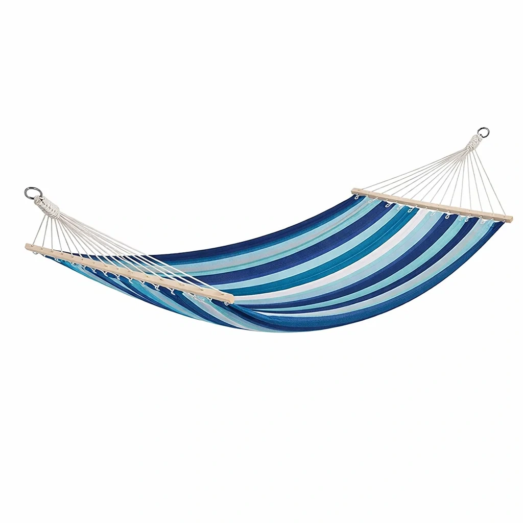 Baumwoll-Hängematte mit Holzstreben Blau/Weiß gestreift 200x150 cm-decofexa