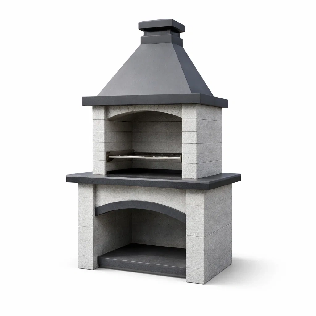 Stein-Grillkamin aus Naturstein mit Metallhaube Grau 210 cm-decofexa