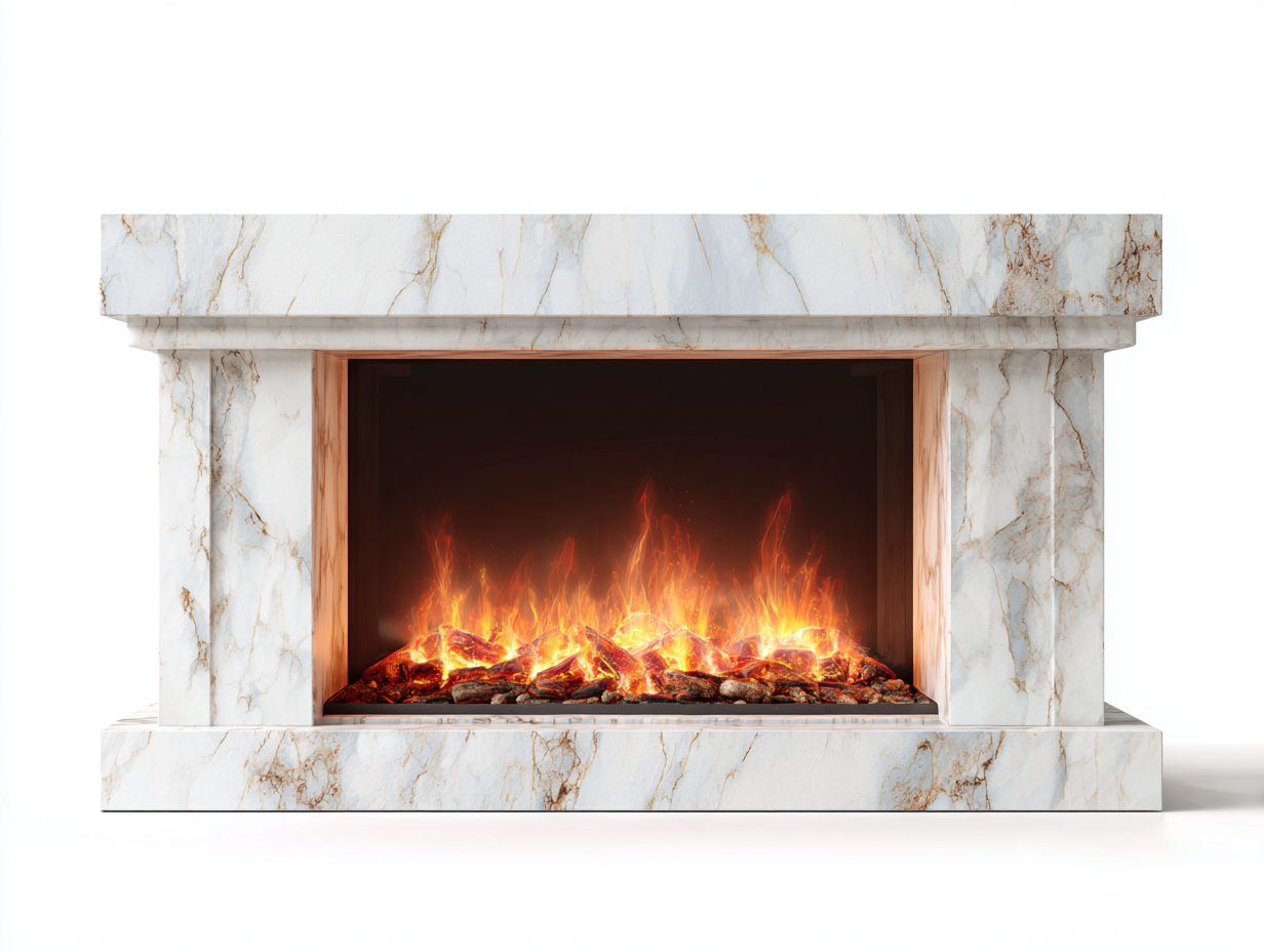 Kamin-Marmor-Metall-176x35x92 cm-Weiß-Goldadern-Elegantes Modernes Design-Roommybase