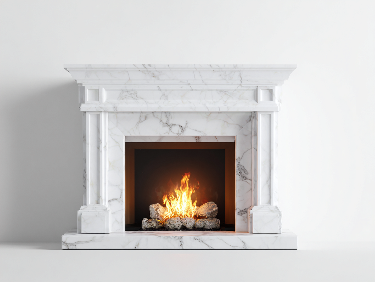 Kamin-Marmor-Metall-170x42x118 cm-Weiß-Grau-Klassisches Säulendesign-Roommybase