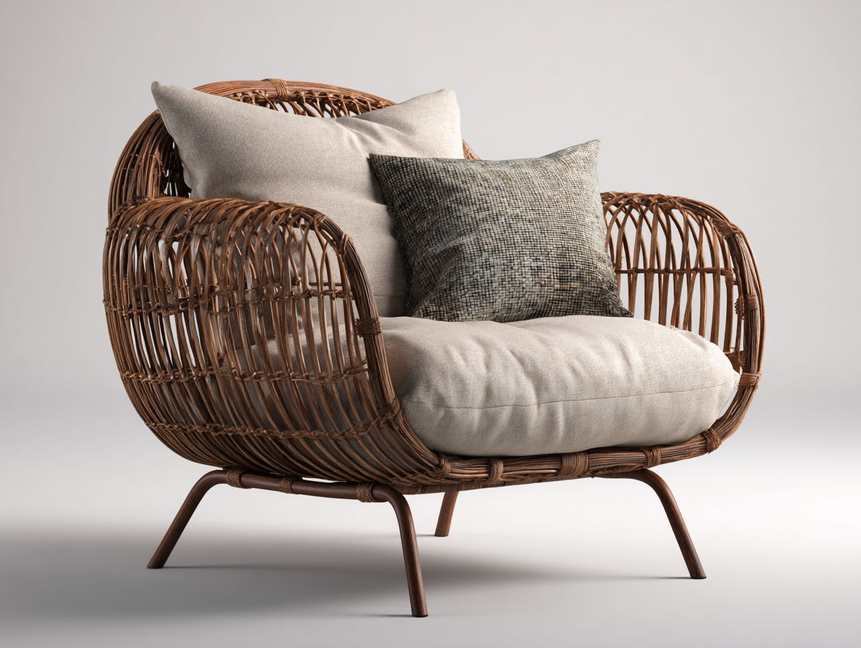 Fauteuil en rotin brun naturel et beige 95x88x82 cm pour extérieur - assise rembourrée - design bohème-Sonorihaus