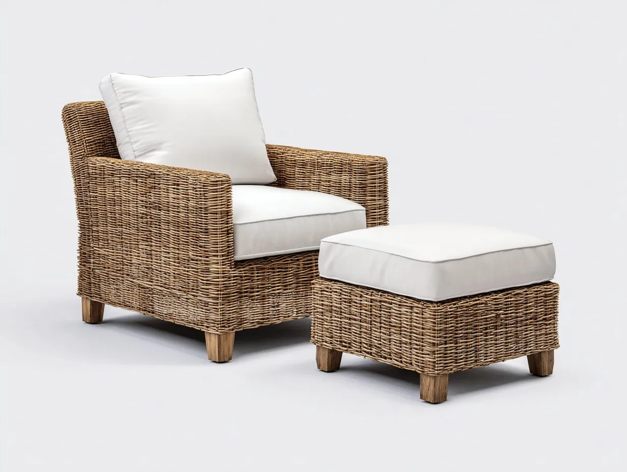 Fauteuil en rotin brun naturel et blanc cassé 95x85x82 cm pour extérieur - avec repose-pieds - design bohème-Sonorihaus