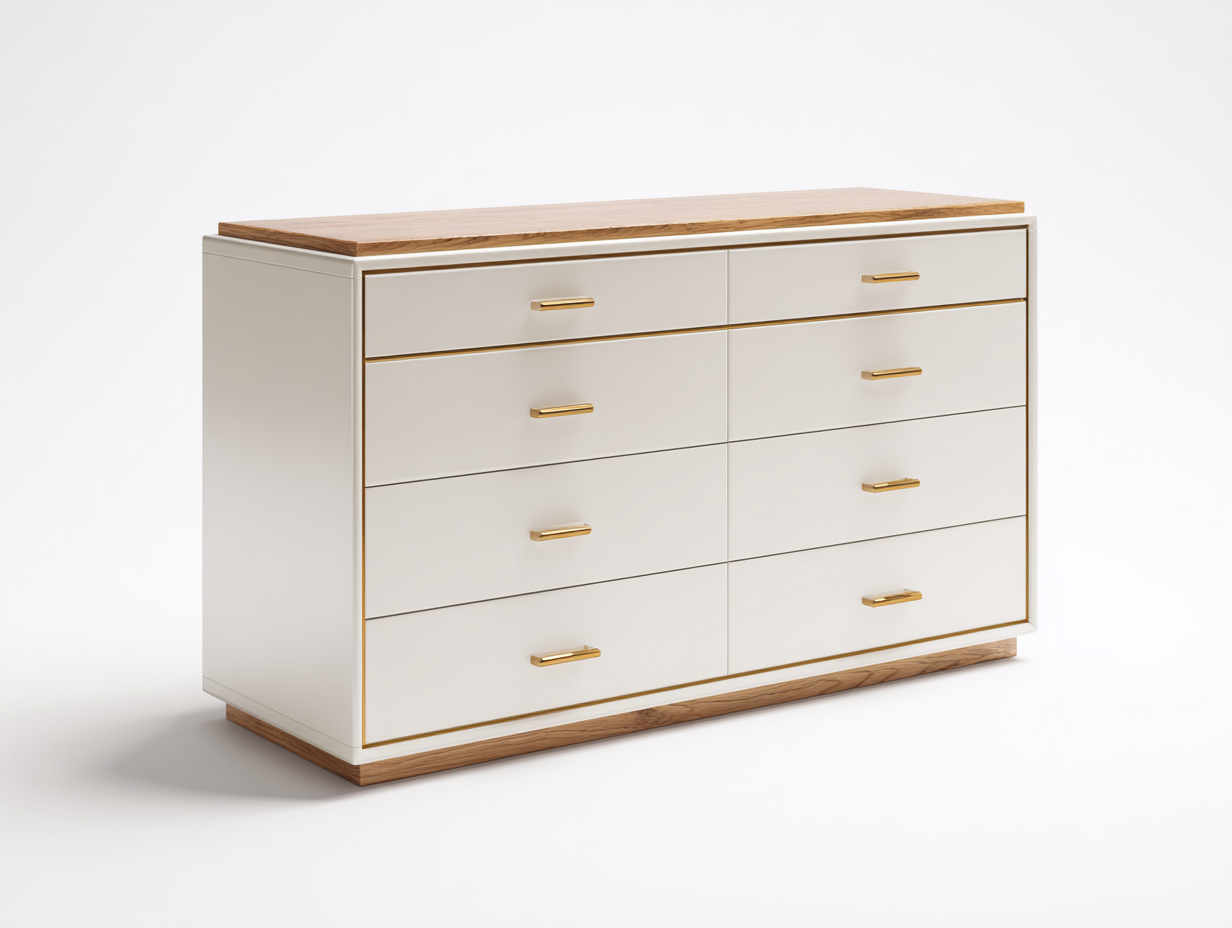 Commode 8 tiroirs 140x45x85 cm en bois blanc-chêne - adaptée à la chambre - style contemporain-Sonorihaus