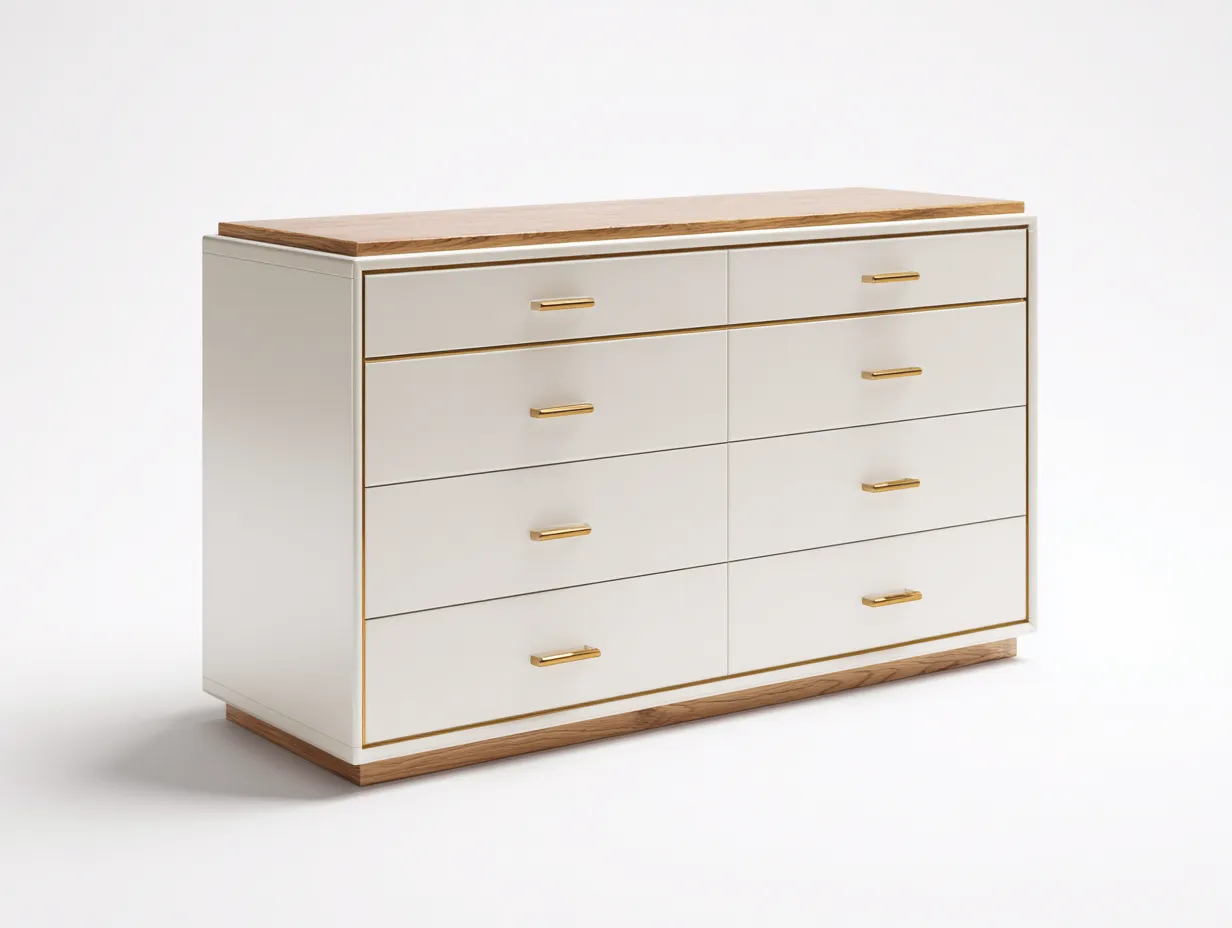 Commode 8 tiroirs 140x45x85 cm en bois blanc-chêne - adaptée à la chambre - style contemporain-Sonorihaus