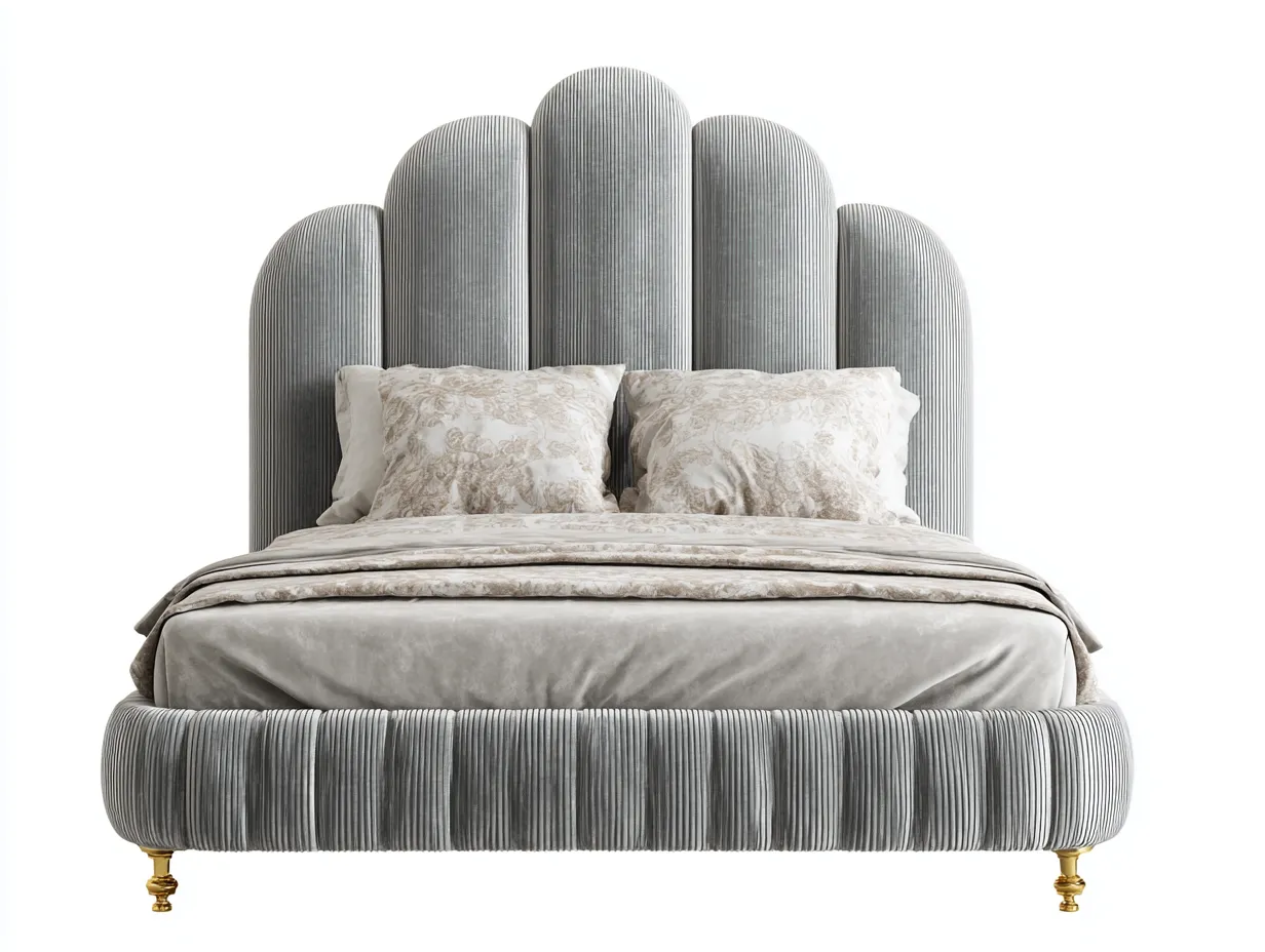 Lit double tapissé en velours gris 215x175x135 cm pour chambre - tête de lit arrondie - design élégant-Sonorihaus