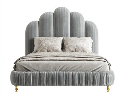 Lit double tapissé en velours gris 215x175x135 cm pour chambre - tête de lit arrondie - design élégant-Sonorihaus
