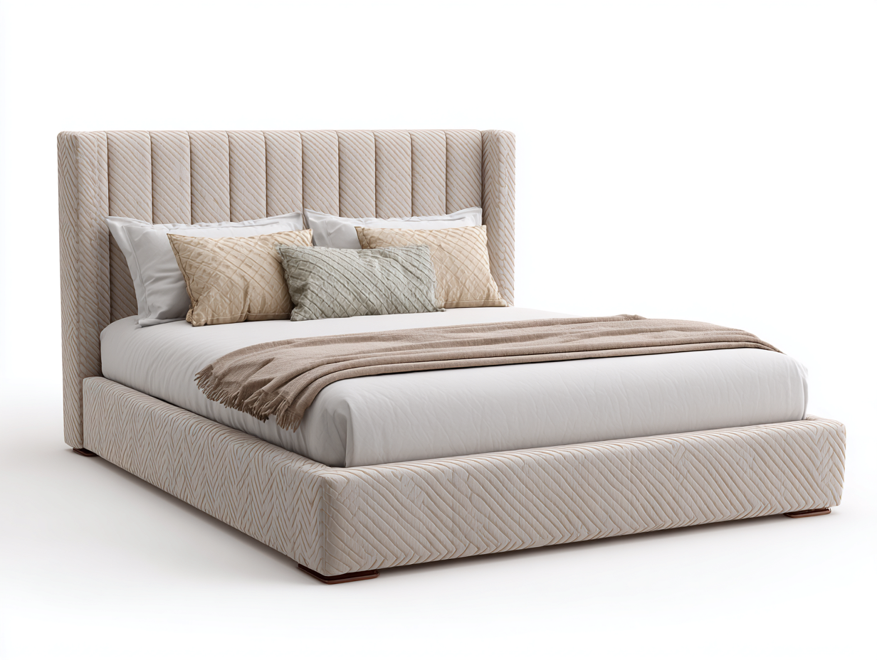 Lit double tapissé en tissu beige 215x175x120 cm pour chambre - tête de lit haute - design contemporain-Sonorihaus