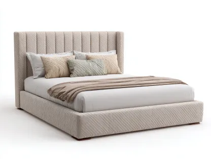 Lit double tapissé en tissu beige 215x175x120 cm pour chambre - tête de lit haute - design contemporain-Sonorihaus