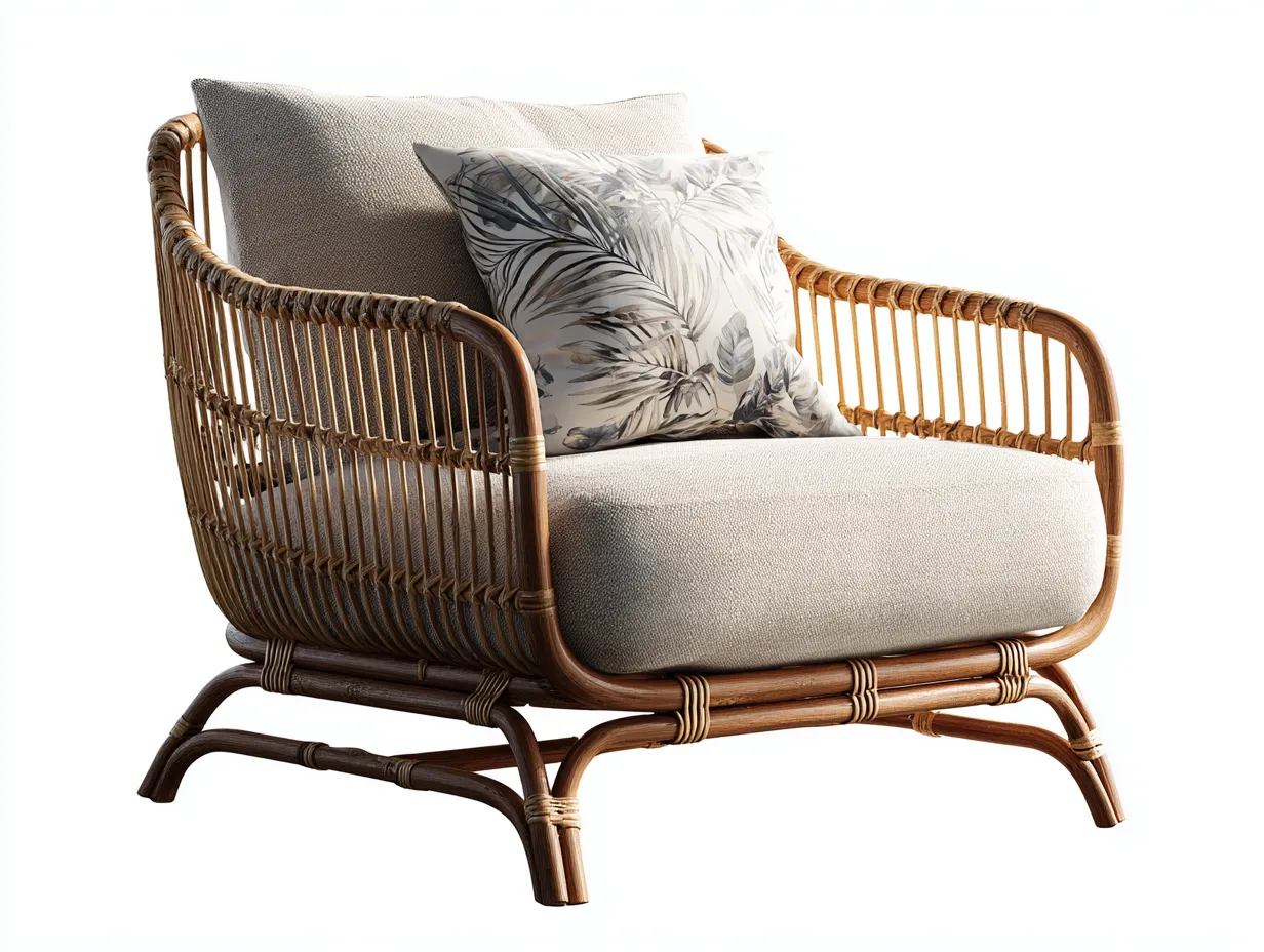 Fauteuil en rotin avec coussin tissu 85x75x78 cm naturel-beige pour extérieur - design bohème confortable-Sonorihaus