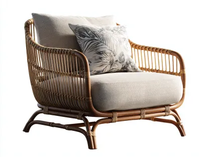 Fauteuil en rotin avec coussin tissu 85x75x78 cm naturel-beige pour extérieur - design bohème confortable-Sonorihaus