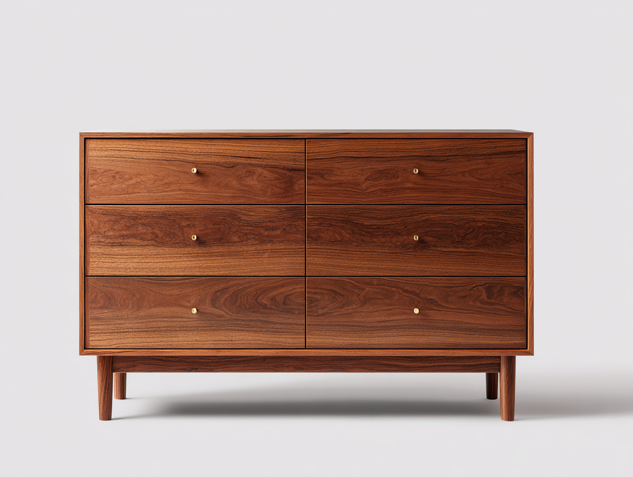 Commode en bois effet noyer 140x42x82 cm pour chambre - 6 tiroirs - design avec poignées dorées-Sonorihaus